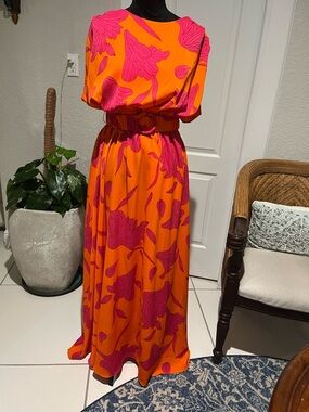 Bright Orange Maxi Dress with Pink Floral Print